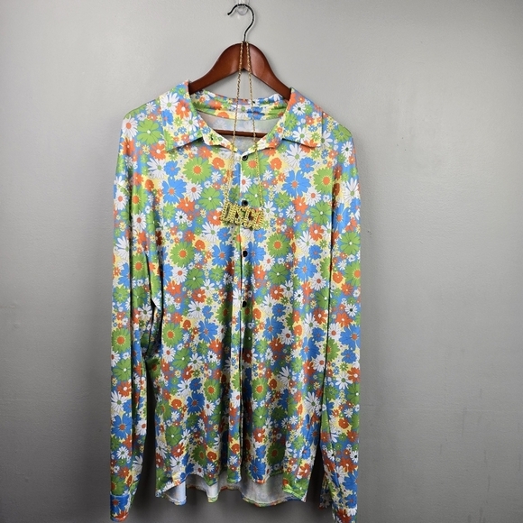 70s Costume Flare Jeans & Disco Outfit Floral Button-up Shirt Multi-color Men XL - Picture 4 of 16